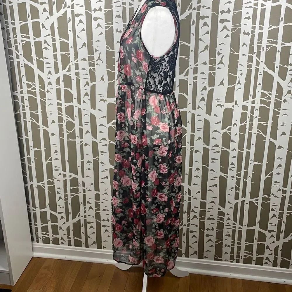 Foreign Exchange Long Sheer Rose Print Lace Back Open Front Maxi Vest Duster sz - Picture 8 of 10